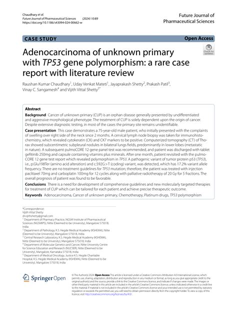 Pdf Adenocarcinoma Of Unknown Primary With Tp53 Gene Polymorphism A Rare Case Report With