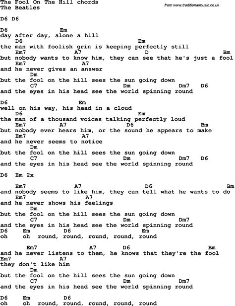 Song Lyrics With Guitar Chords For The Fool On The Hill The Beatles