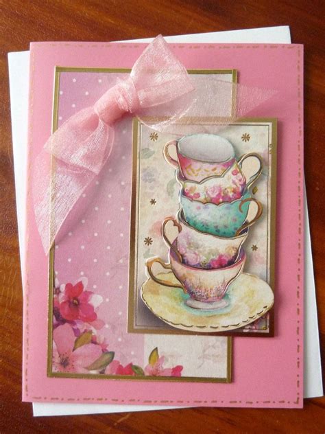 Sweet China Teacup Birthday Card Stacked Teacups With Gold Etsy