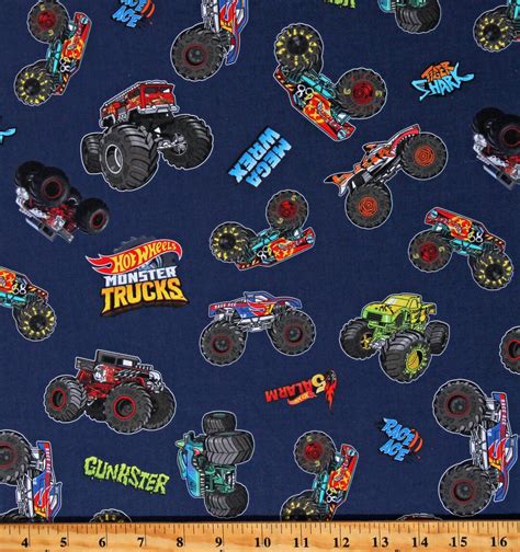 Cotton Hot Wheels Monster Trucks Vehicles Kids Navy Cotton Fabric Print