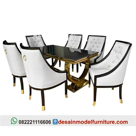 Meja Makan Stainless Minimalis Modern Dengan Top Marmer Set 6 Kursi