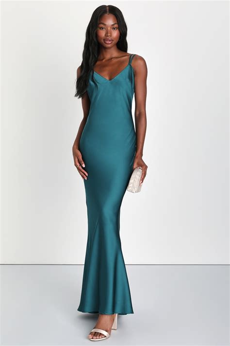 Dark Teal Dress Satin Backless Slip Dress Slip Maxi Dress Lulus