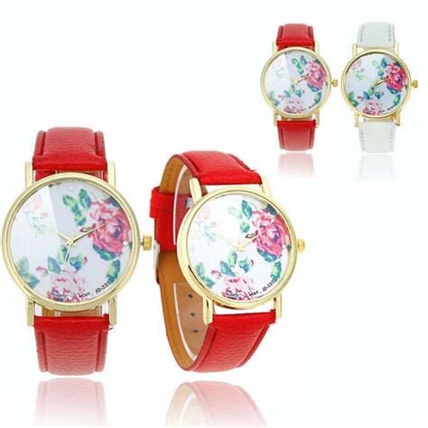 Stylish Ladies Quartz Wrist Watch Retro Peony Flowers Design Red Uk