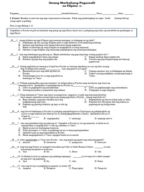 Filipino 10 Unang Markahang Pagsusulit With Answerkey Pdf