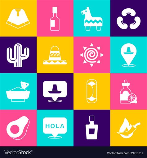 Set Hot Chili Pepper Pod Tequila Bottle Royalty Free Vector