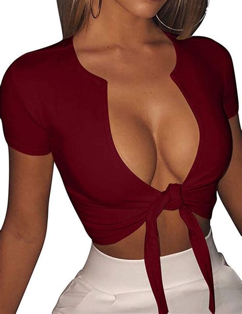 Boriflors Womens Sexy Tie Up Crop Top Short Sleeve Deep V Neck Casual Basic T Shirt Tie Up