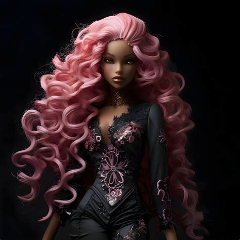 Premium Photo | Black dark barbie with long curly hair on a black ...