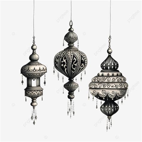 Black And White Sketch Drawing Of Ornamental Traditional Hanging Lamps