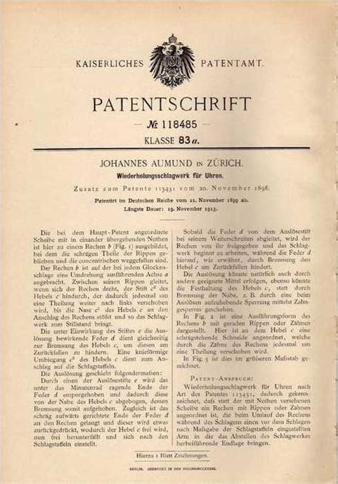 Original Patentschrift J Aumund In Z Rich Schlagwerk F R