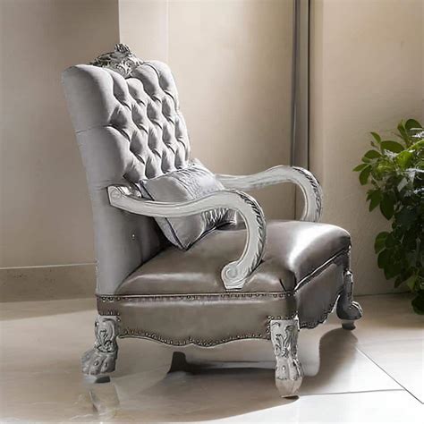 Benjara White Faux Leather Arm Chair With Pillow And Carved Button