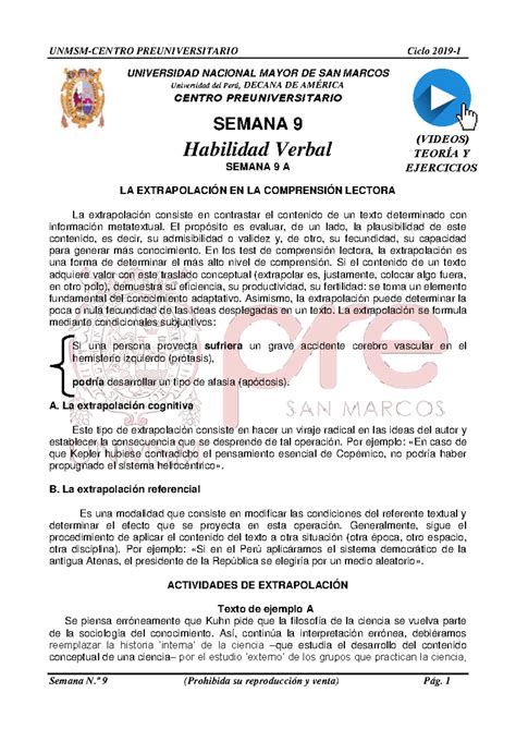 Solucionario Semana 9 Pre San Marcos 2019-I ( Unmsm) PDF - UNIVERSIDAD
