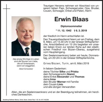 Traueranzeigen Von Erwin Blaas Trauer Bz