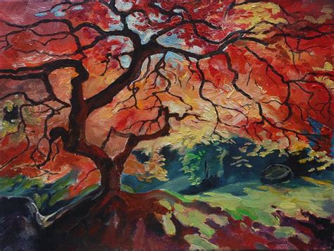 Autumn tree with red leaves Painting by Iaroslav Hmelnitki | Saatchi Art