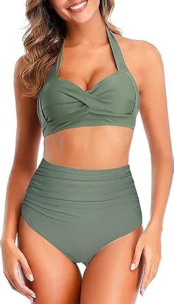 Amazon Womens High Waisted Bikini Push Up Vintage Swimsuits Halter Top Tummy Control Ruched