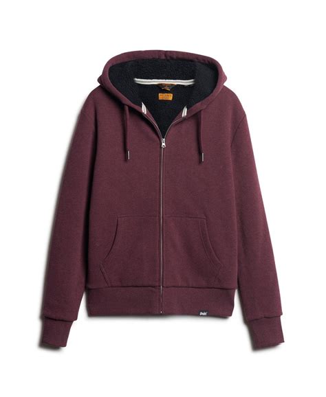 Mens Essential Borg Lined Zip Hoodie In Track Burgundy Marl Superdry Uk