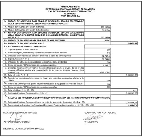 MARGEN DE SOLVENCIA VIVIR SEGUROS C A AL 31 03 2023