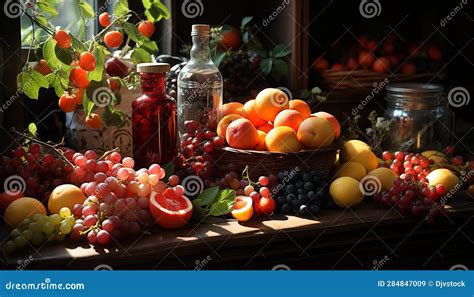 Freshness Of Nature Bounty Ripe Juicy Organic Fruits On Rustic Table