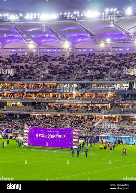 Fremantle Dockers banner in Western Derby AFL game at Optus Stadium Perth Western Australia ...