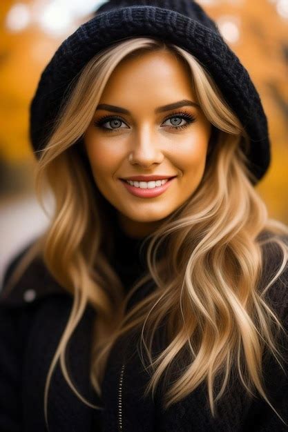Premium Photo Portrait Of A Blonde Amidst Golden Leaves In Cozy Knitwear
