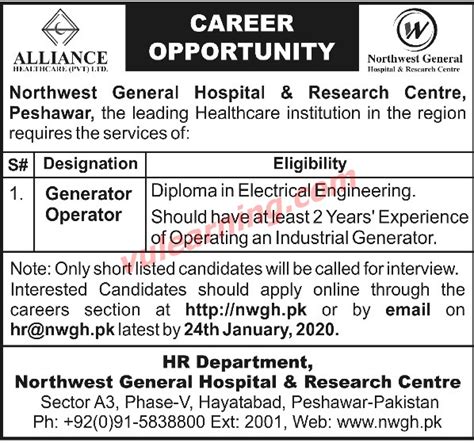 Northwest General Hospital Research Centre Peshawar Jobs 2020 For