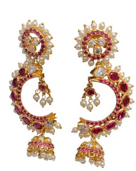 Bridal/indian Wedding/south Indian Style Gold Finish Earrings With Pearls and Red White Stone ...