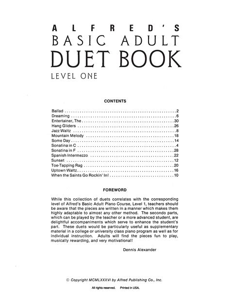 Alfred S Basic Adult Piano Course Duet Book Level Alfred S Basic