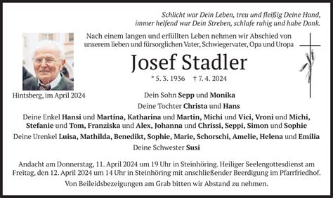 Traueranzeigen Von Josef Stadler Trauer Merkur De