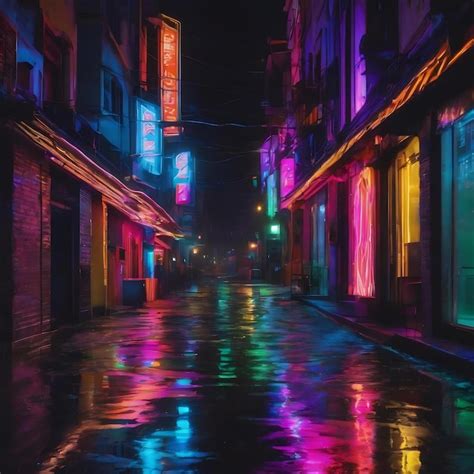 Premium Photo Multicolored Neon Lights On A Dark City Street