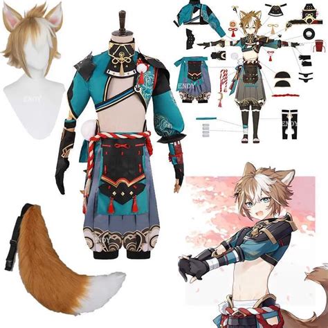 Genshin Impact Gorou Cosplay Costume Set For Men Blue Fox Boy Halloween