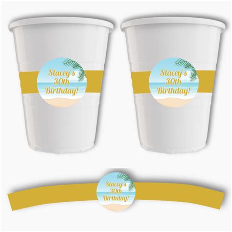 Personalised Sandy Tropical Beach Party Plastic Cup Stickers Katie J