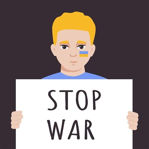 Jongen Houdt Spandoek Vast Tegen Oorlog Stop Oorlogsscript Blonde Jongen Met Oekra Ne Blauw Gele