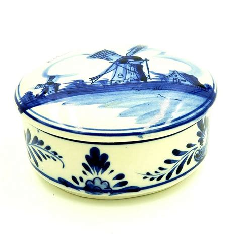 Hand Painted Delft Blue Holland Windmill Covered Trinket Box Round 5