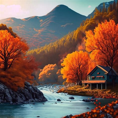 Premium AI Image | Autumn landscape house in forest with mountain river ...