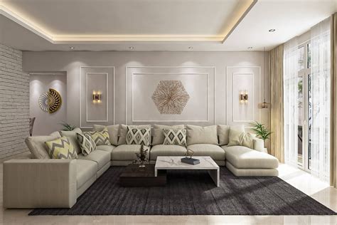 contemporary spacious living room design   shaped sofa livspace