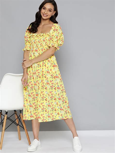 Buy Mast And Harbour Yellow And Green Floral Print A Line Midi Dress