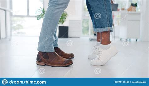 Closeup Shoes And Couple In Tiptoe Moment Romance And Sweet