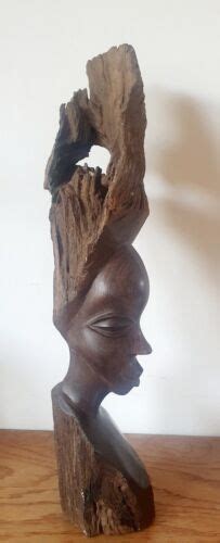 Vintage Carved African Woman Head Bust Statue Black Wood Sculpture