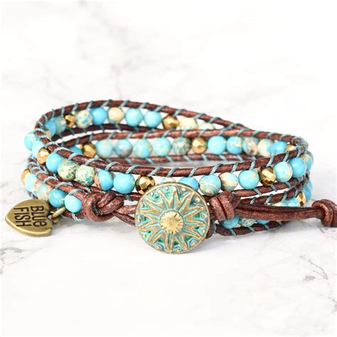 Turquoise Jasper Wrap Bracelet Beaded Leather Wrap Bracelet Etsy