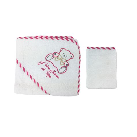 Parure De Bain Pour B B Blanc Et Fushia Motif Nounours J Aime Maman