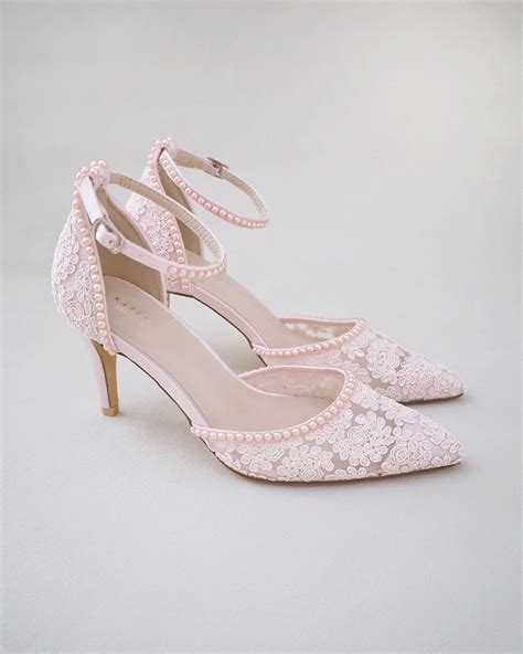 Dusty Pink Crochet Lace Pointy Toe HEELS With Mini Pearls Women Wedding