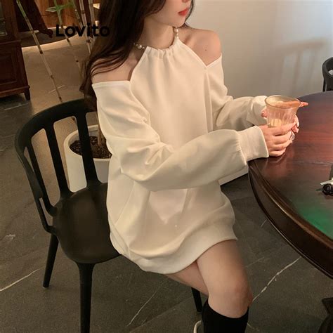 Lovito Women Casual Plain Asymmetrical Cut Out Cold Shoulder Sweatshirt