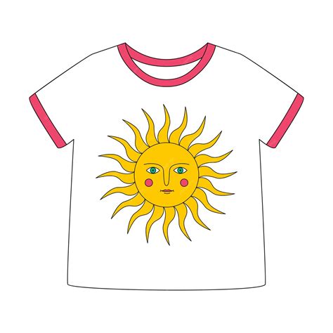 Белая футболка с короткими рукавами и ретро-солнце с лучами и глазами ...