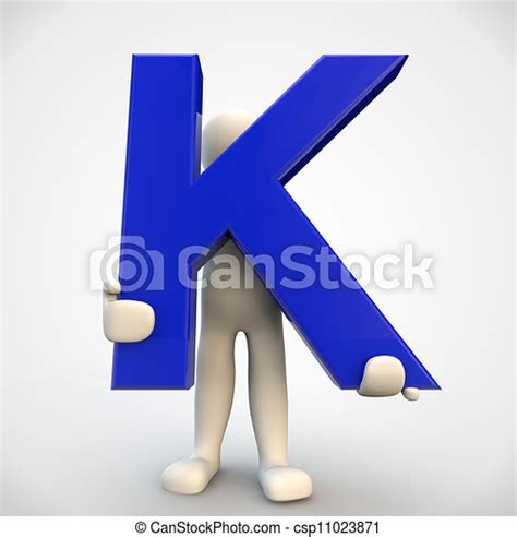 3d human character holding blue letter k, 3d render isolated on white ...