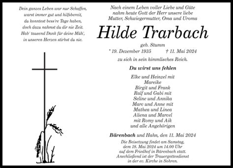 Traueranzeigen Von Hilde Trarbach Rz Trauer De