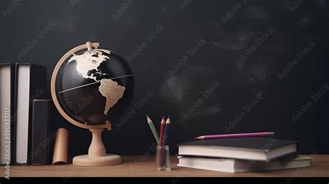 Teacher S Desk With Writing Materials A Book And An Apple A Blank For