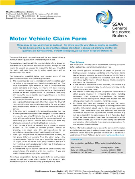 Fillable Online Motor Vehicle Claim Form Motor Vehicle Claim Form Car