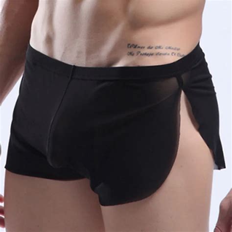 Men S Boxer Shorts Sexy Lingerie Bugle Short See Through Mesh Boxer Briefs Split Thongs