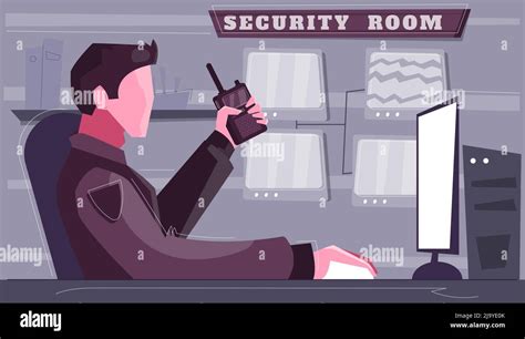 Security Control Room Flat Background Guard Character With Portable