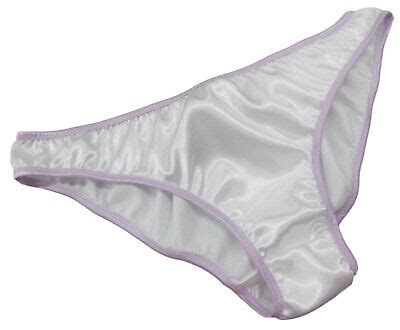 WHITE Shiny SATIN Panties LILAC Trim BIKINI BRIEFS Plain Simple Made In