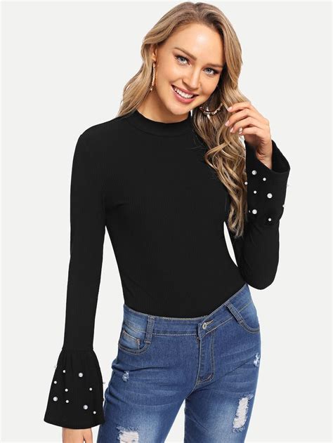 Shein Pearls Beaded Bell Sleeve Solid Tee Sleeves Knit Tees Bell